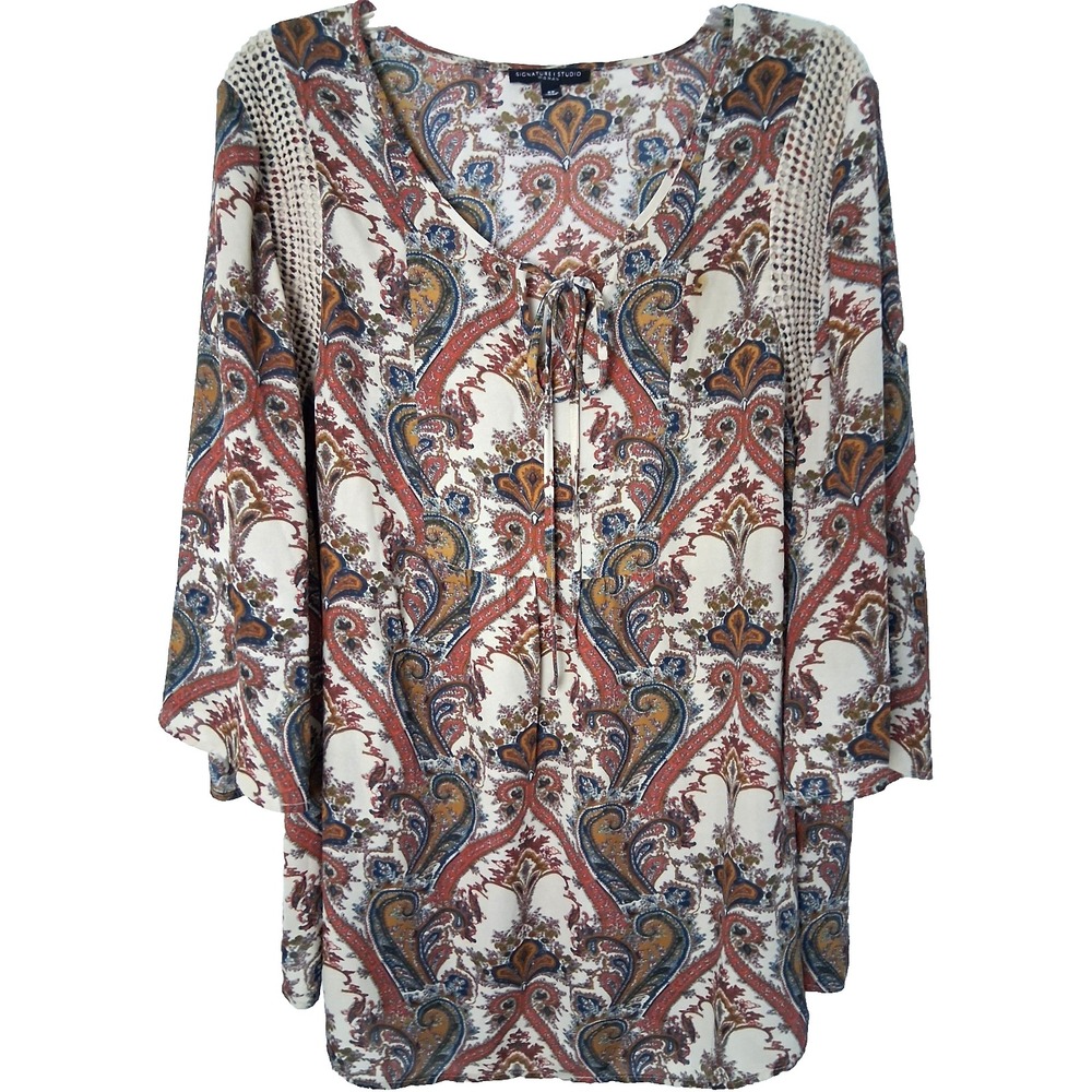 Signature Studio‎ Chiffon Paisley Print Tunic Top Size 2X Crochet Detail Boho